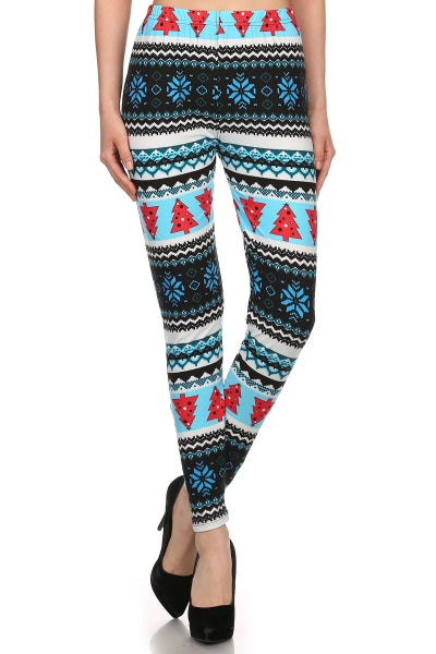 Blue and White Pattern with Red Christmas Tree Legging