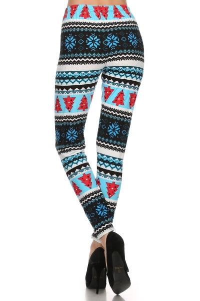 Blue and White Pattern with Red Christmas Tree Legging