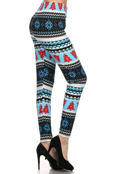 Blue and White Pattern with Red Christmas Tree Legging