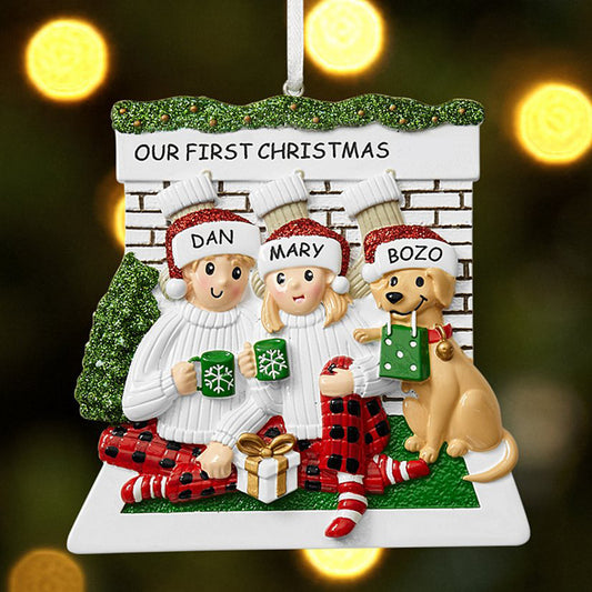 Personalized Couple with Dog Christmas Ornament 2024 | Customized Fireplace Family of 2/3/4/5 with Puppy Xmas Tree Decorations