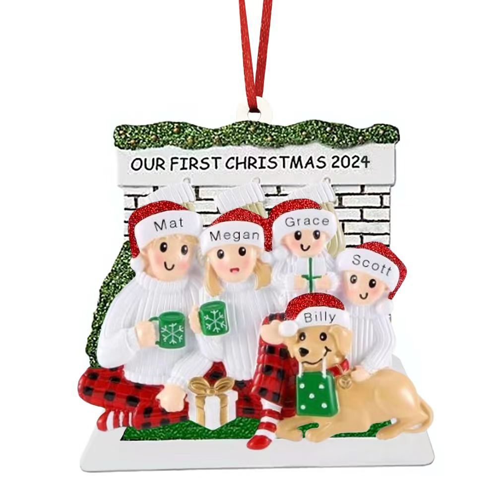 Personalized Couple with Dog Christmas Ornament 2024 | Customized Fireplace Family of 2/3/4/5 with Puppy Xmas Tree Decorations