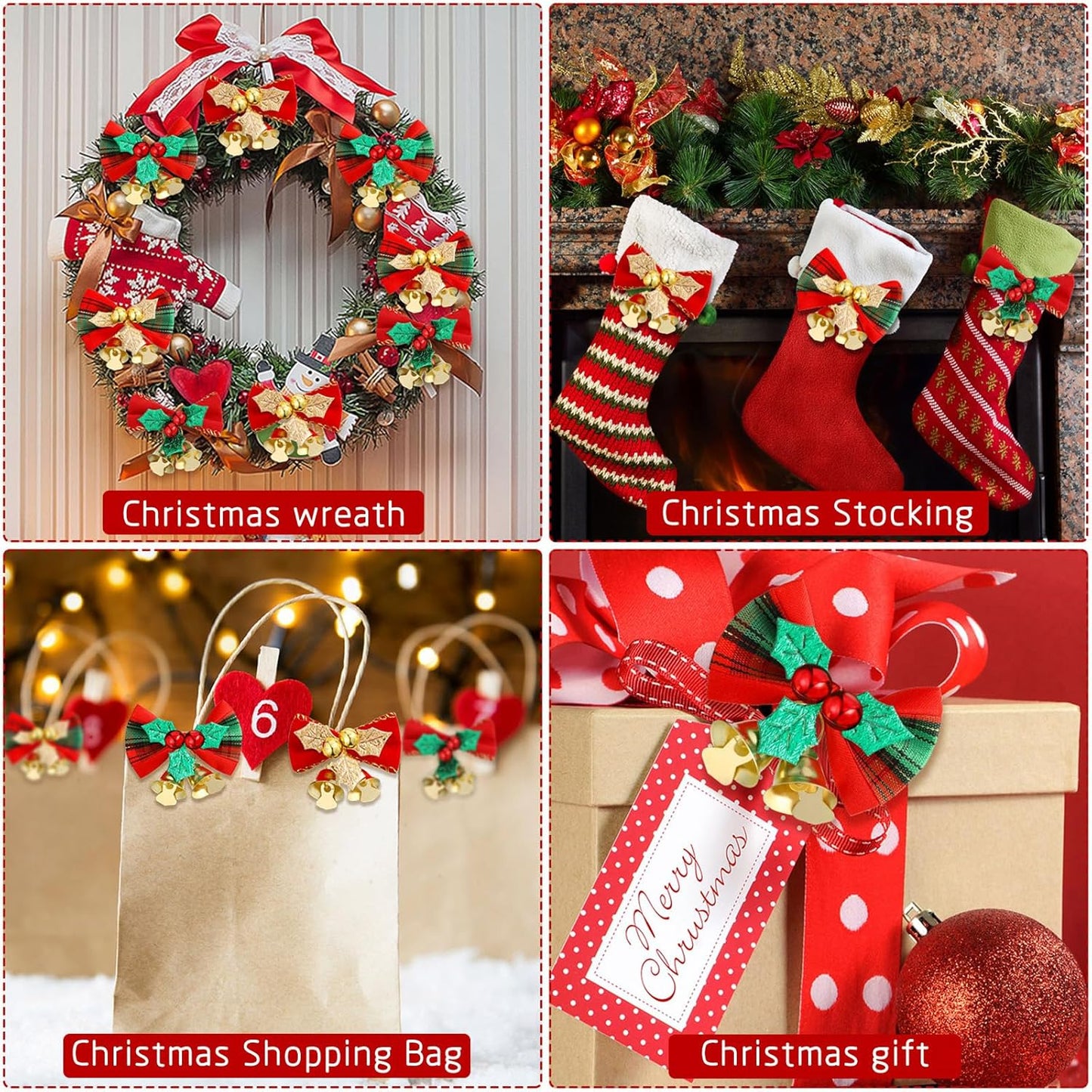 8 Pack with 4 different styles Holiday Decoration small christmas bow bell handmade ribbon Hanging Christmas Bow With Bell Hanging