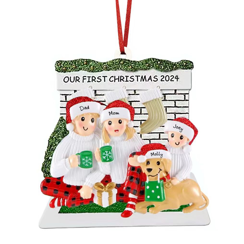 Personalized Couple with Dog Christmas Ornament 2024 | Customized Fireplace Family of 2/3/4/5 with Puppy Xmas Tree Decorations